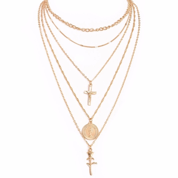 Rose, Coin, and Cross Layered Gold Necklace - Picture 4 of 8